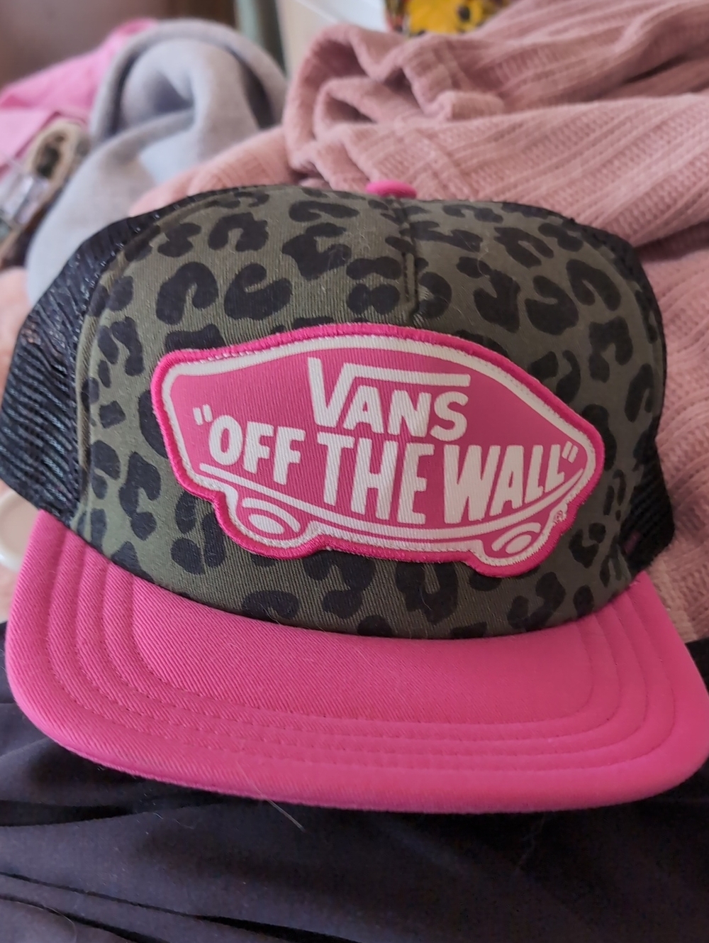 Vans Olive Leopard Trucker Hat with Pink Brim